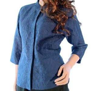 EILEEN FISHER Crinkle Textured Navy Silk Button Down Shirt M